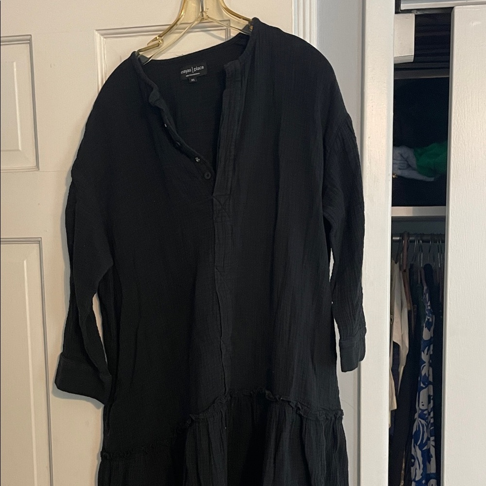 Maya’s Place Black Long-Sleeve Maxi Dress with Button Placket